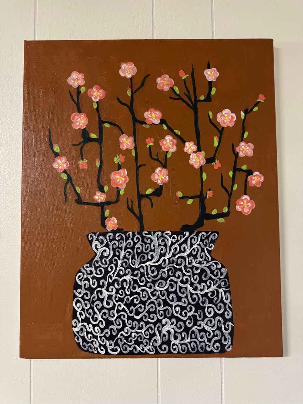 Hand-Painted Floral Canvas with Pink Blossoms